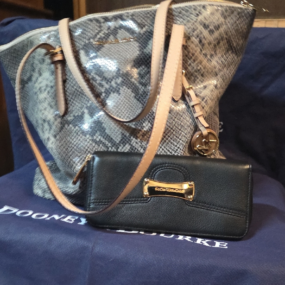 Dooney & Bourke Gray Snake-Print Tote with Tan Straps and Black Wallet